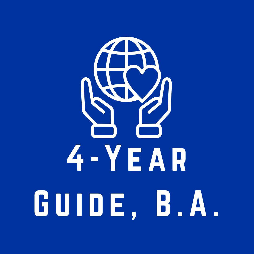 blue logo for public, nonprofit, health administration major, image is a drawing of hands holding up the globe that reads "four year guide B A"